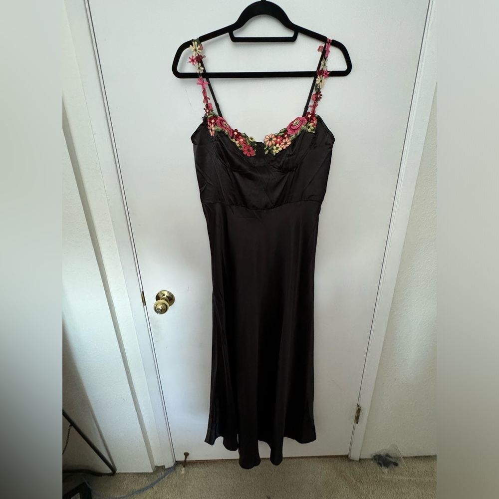 SHEIN black satin dress with floral appliqué straps